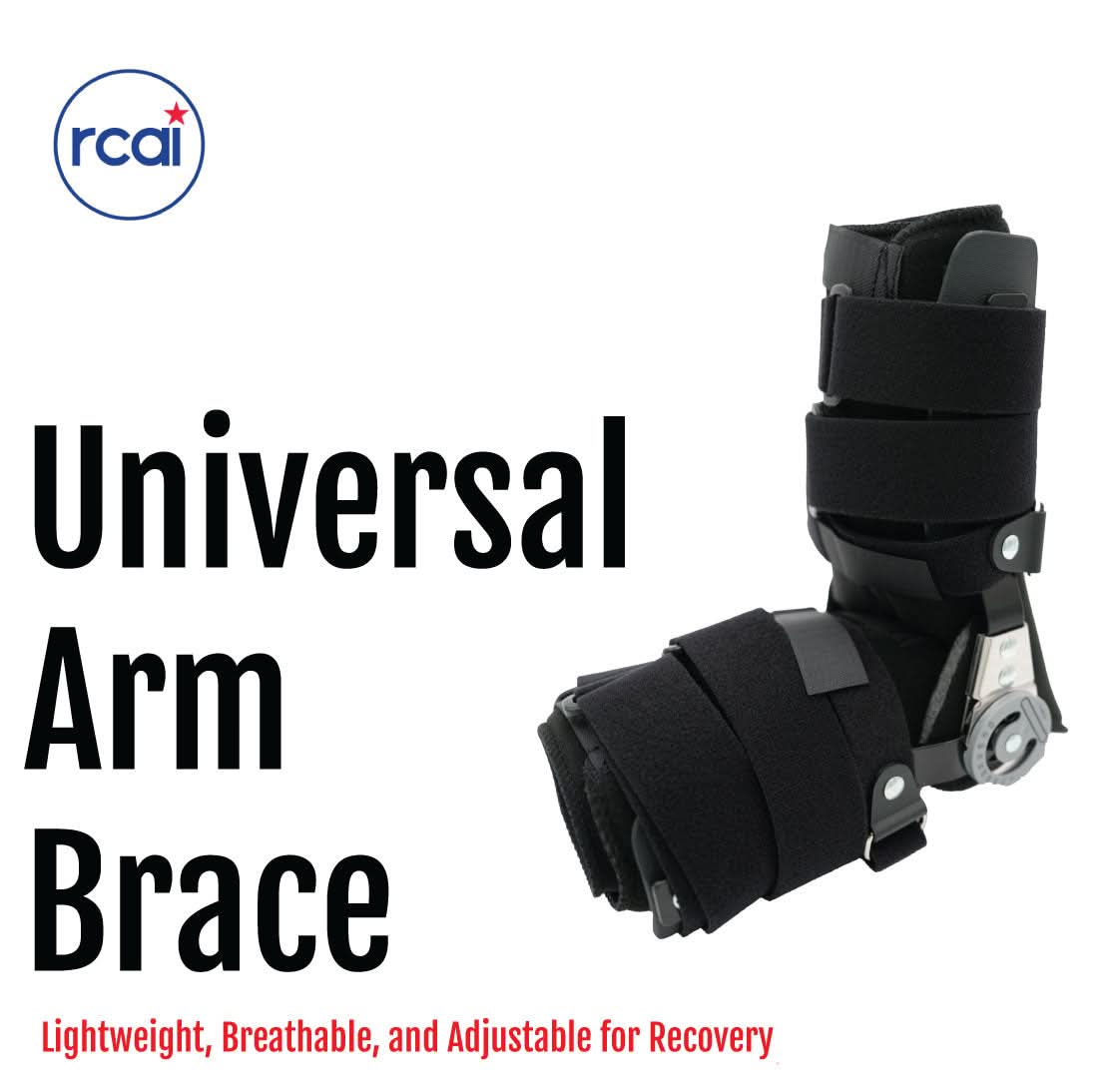 Black adjustable universal arm brace with padded straps and metal hinges, made in the USA by RCAI, best orthopedic brace for .