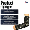 Adjustable black RCAI universal arm brace with multiple straps and hinges supporting full arm extension, made in the USA,.