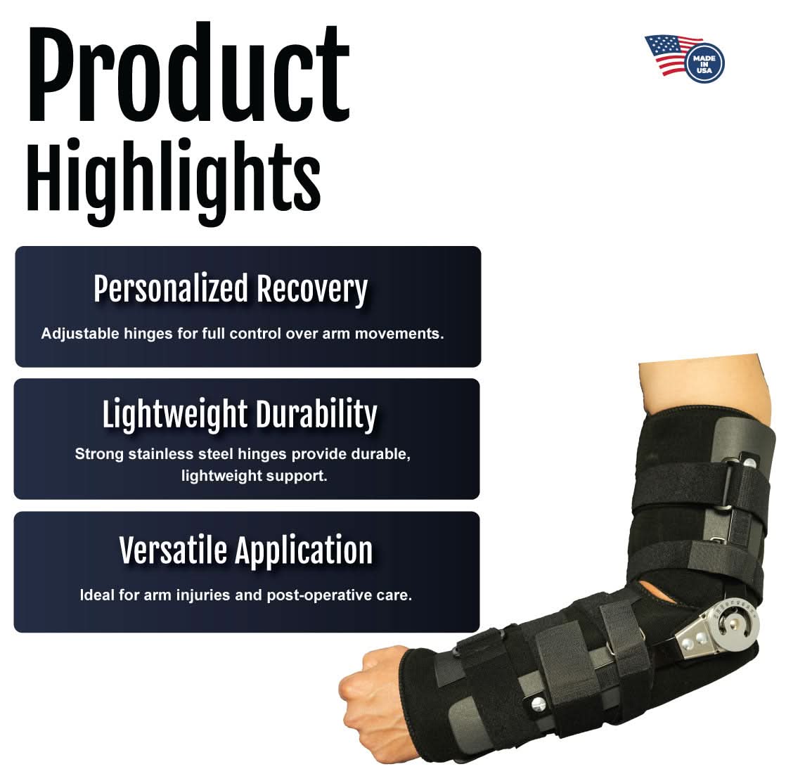 Black RCAI universal arm brace on right arm with adjustable straps and metal hinges, showcasing durable support; made in the .
