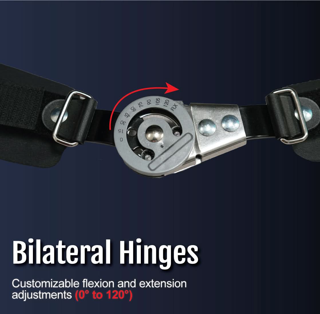 Close-up of RCAI universal arm brace bilateral hinge with adjustable metal dial and black straps, made in the USA, designed.