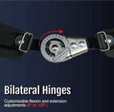 Close-up of RCAI Universal Arm Brace bilateral hinge with metal adjustment dial, black straps, highlighting customizable.