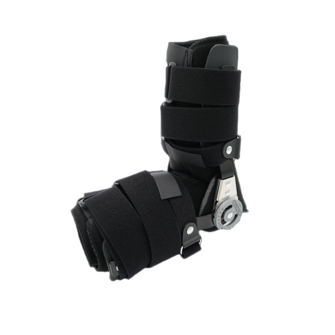 Black adjustable RCAI universal arm brace with padded straps and metal hinge, made in the USA, best orthopedic braces for.