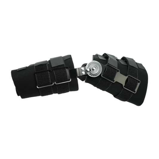 Black RCAI adjustable arm brace with padded straps and metal hinge, durable design, made in the USA, best orthopedic braces, .