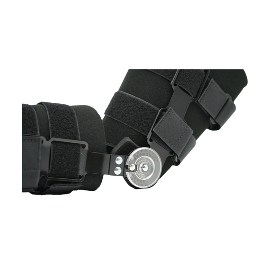 Black RCAI Universal Arm Brace with adjustable metal hinge and multiple Velcro straps, made in the USA, best orthopedic.