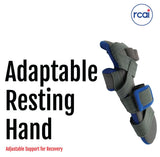 Gray and blue adjustable resting hand brace with multiple straps, labeled rcai, made in the USA, best orthopedic braces for.