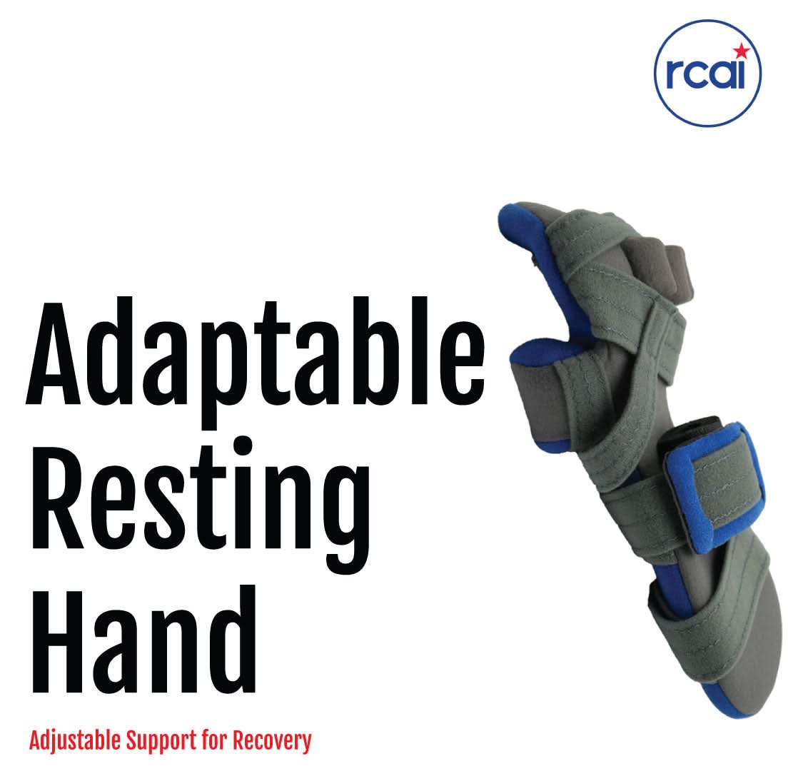Gray and blue adjustable resting hand brace with multiple straps, labeled rcai, made in the USA, best orthopedic braces for.