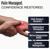 Adaptable RCAI resting hand brace on right hand, designed for post-surgery recovery and arthritis relief, made in the USA,.