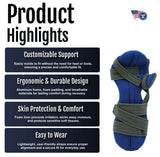 RCAI adaptable resting hand support with blue padded interior and ergonomic design, made in the USA, b2b orthopedics.