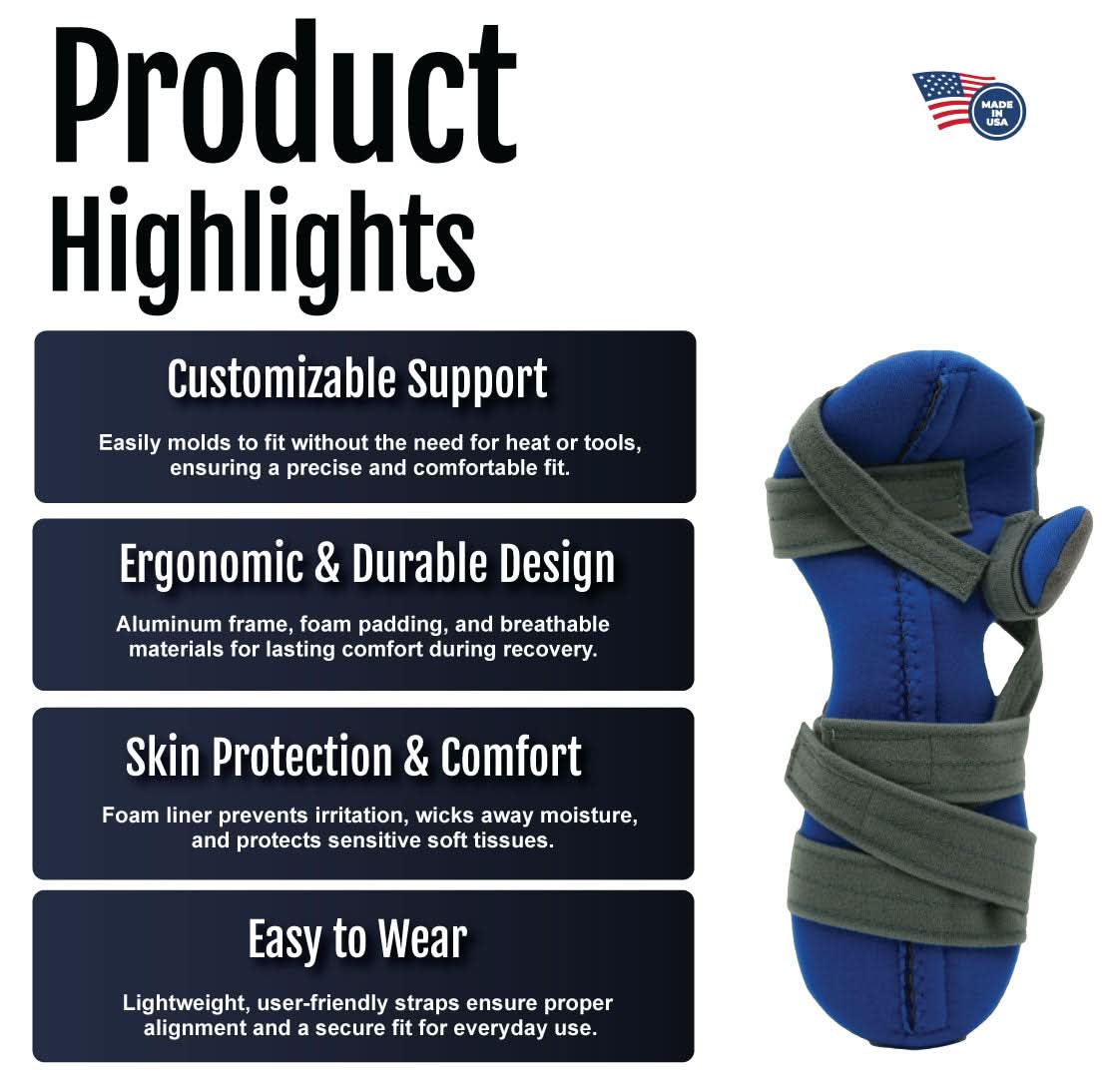 RCAI Adaptable Resting Hand features ergonomic blue and black foam support with adjustable straps for custom comfort, made.