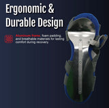 Adjustable RCAI resting hand brace with ergonomic aluminum frame, blue and black foam padding, breathable materials, made in .