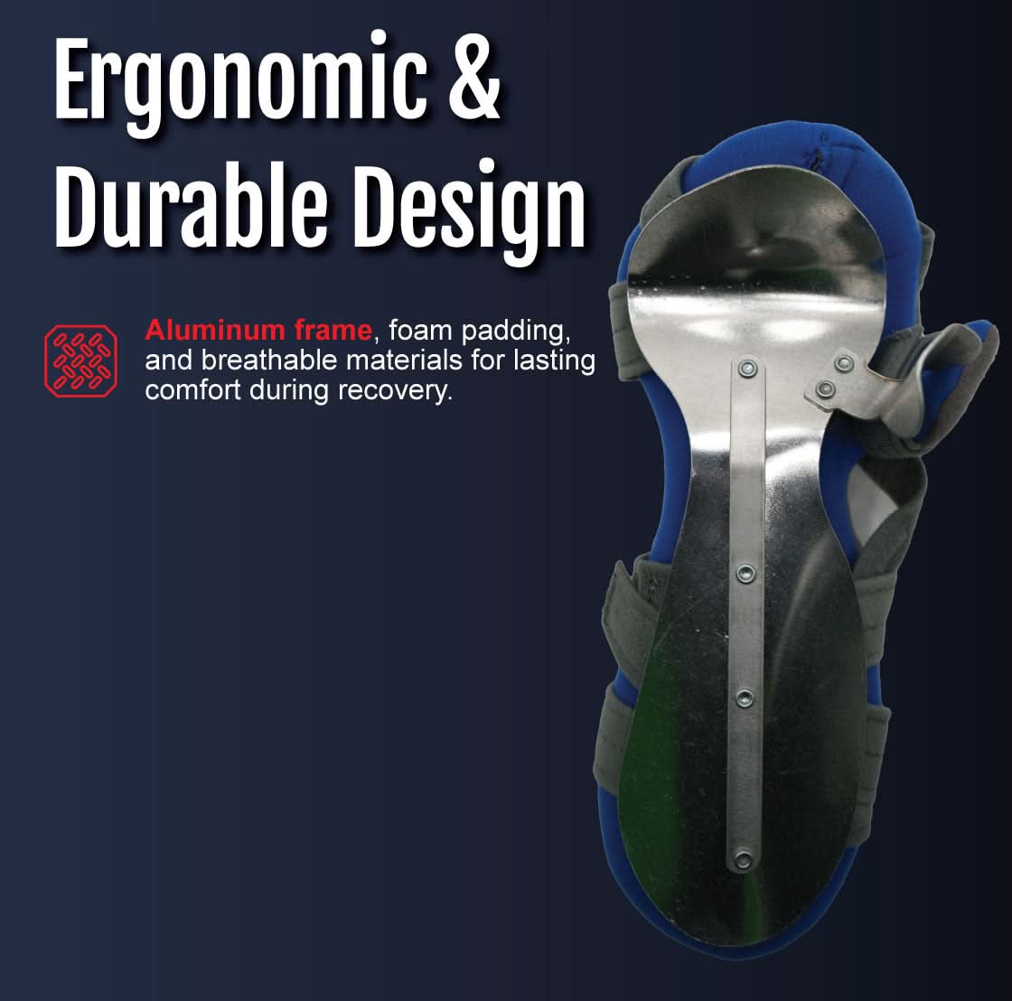 Adjustable RCAI resting hand brace with ergonomic aluminum frame, blue and black foam padding, breathable materials, made in .