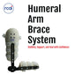 Humeral arm brace system in white with black adjustable straps and support bars, branded rcai, made in the USA, designed for .
