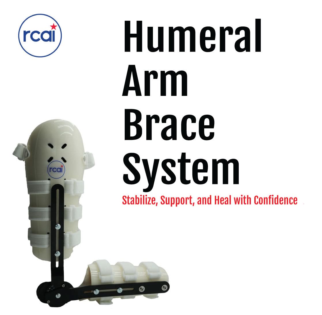 Humeral arm brace system in white with black adjustable straps and support bars, branded rcai, made in the USA, designed for .
