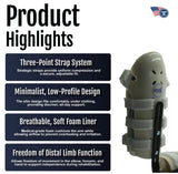 Olive green humeral arm brace with multiple adjustable strap holes, breathable soft foam liner visible, low-profile design,.