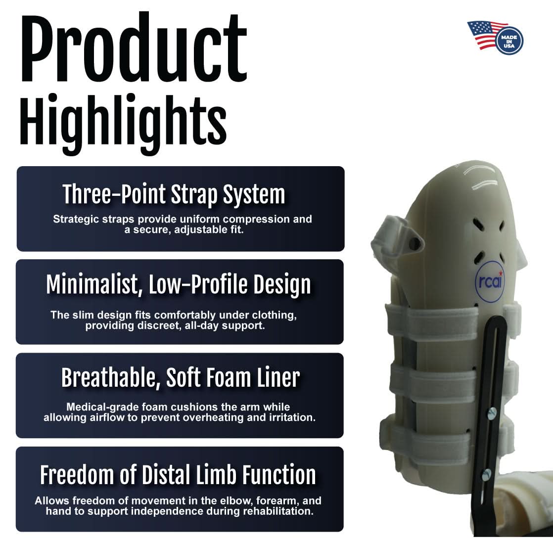 Olive green humeral arm brace with multiple adjustable strap holes, breathable soft foam liner visible, low-profile design,.