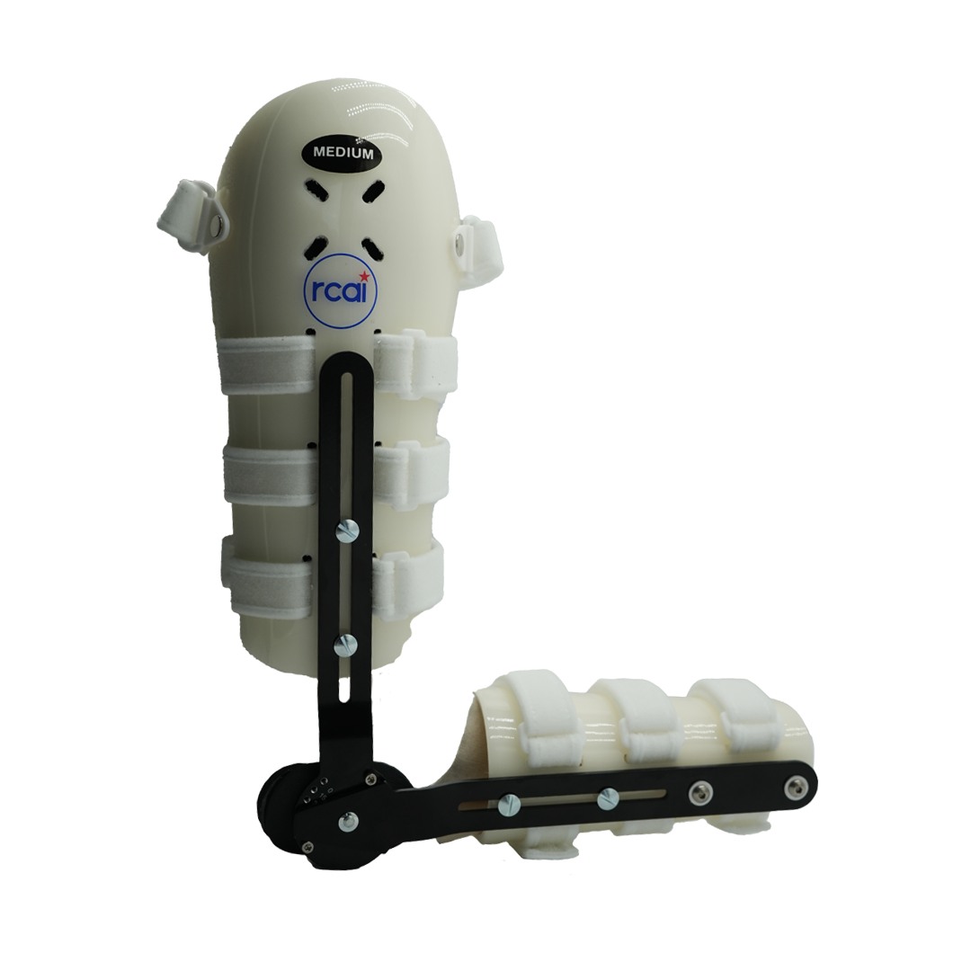 White humeral arm brace with adjustable padded straps and black metal hinge, labeled "Medium," featuring RCAI logo, made in.