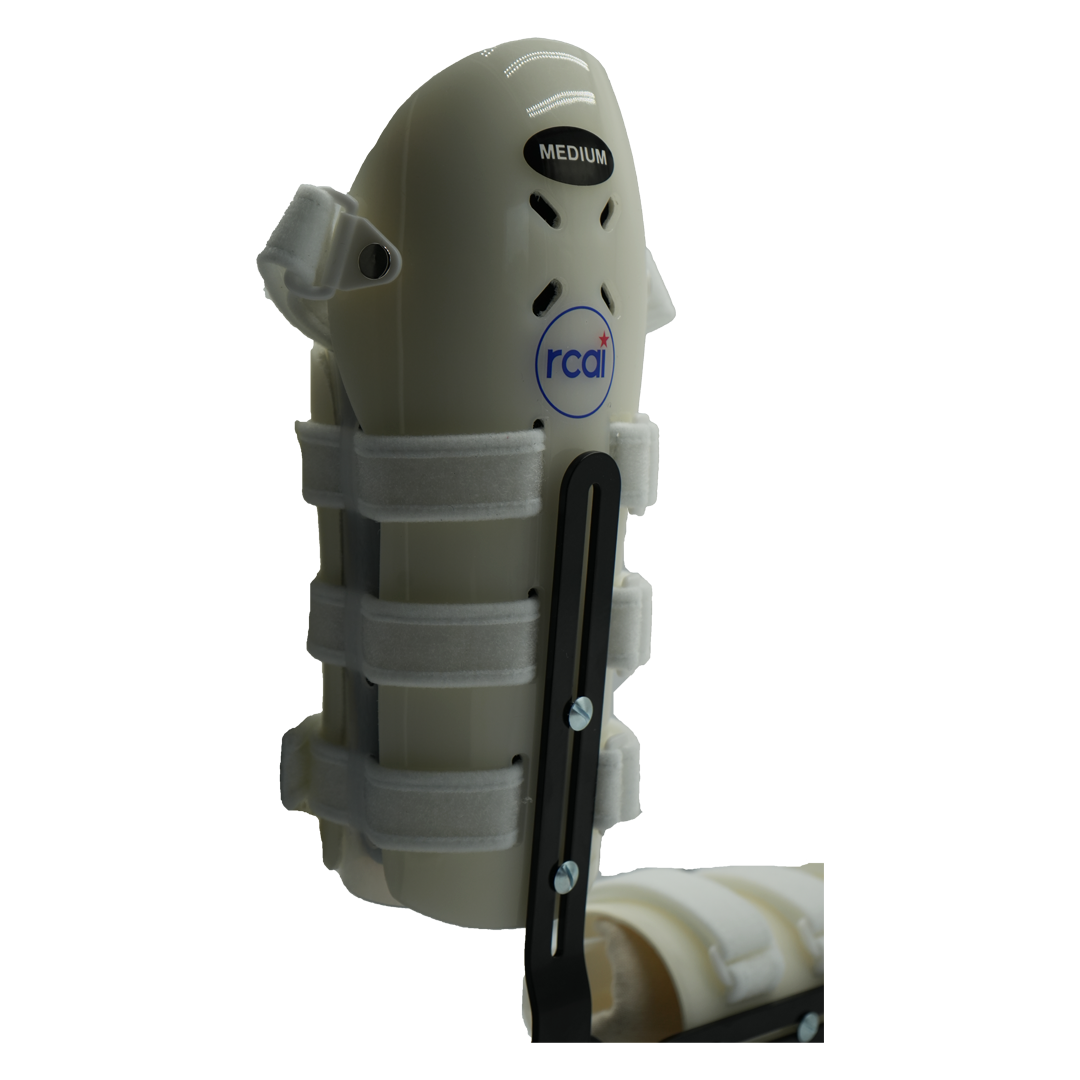 Olive green humeral arm brace with adjustable white straps, labeled medium, featuring black metal support and RCAI logo,.