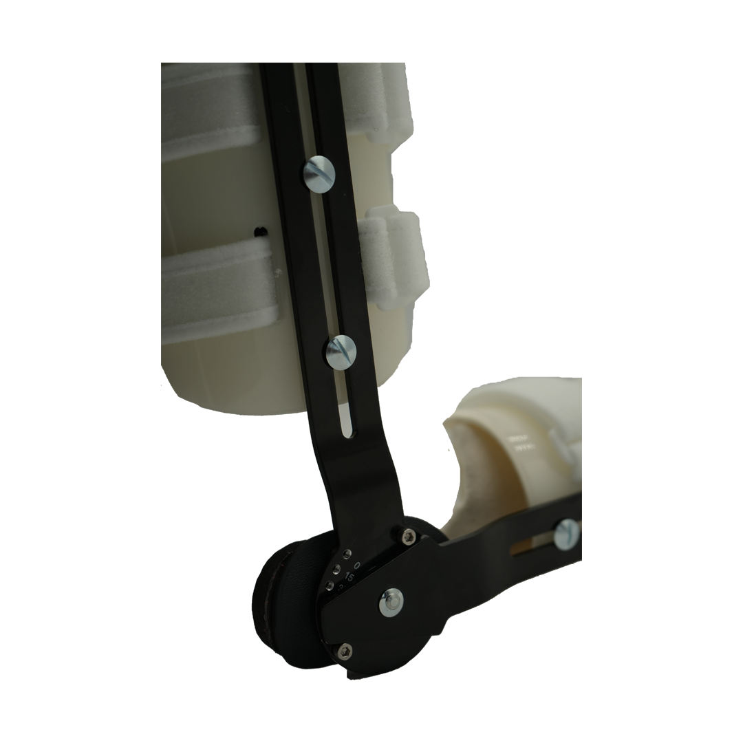 Black metal hinge and support arm with beige padded sections and white adjustable straps, RCAI humeral arm brace made in the .