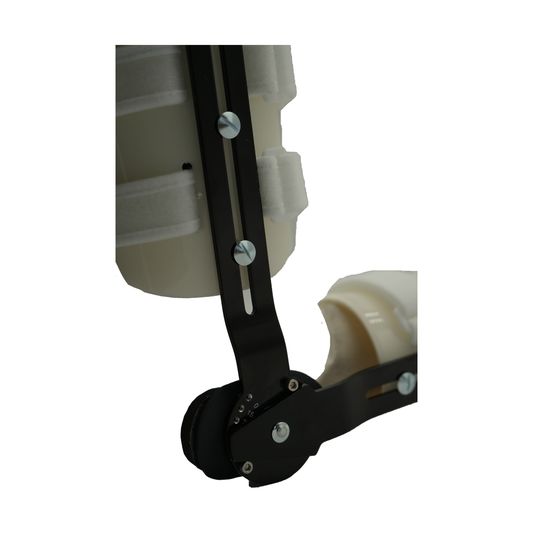 Black metal hinge mechanism with adjustable screws on tan humeral arm brace strap, made in the USA, RCAI best orthopedic.