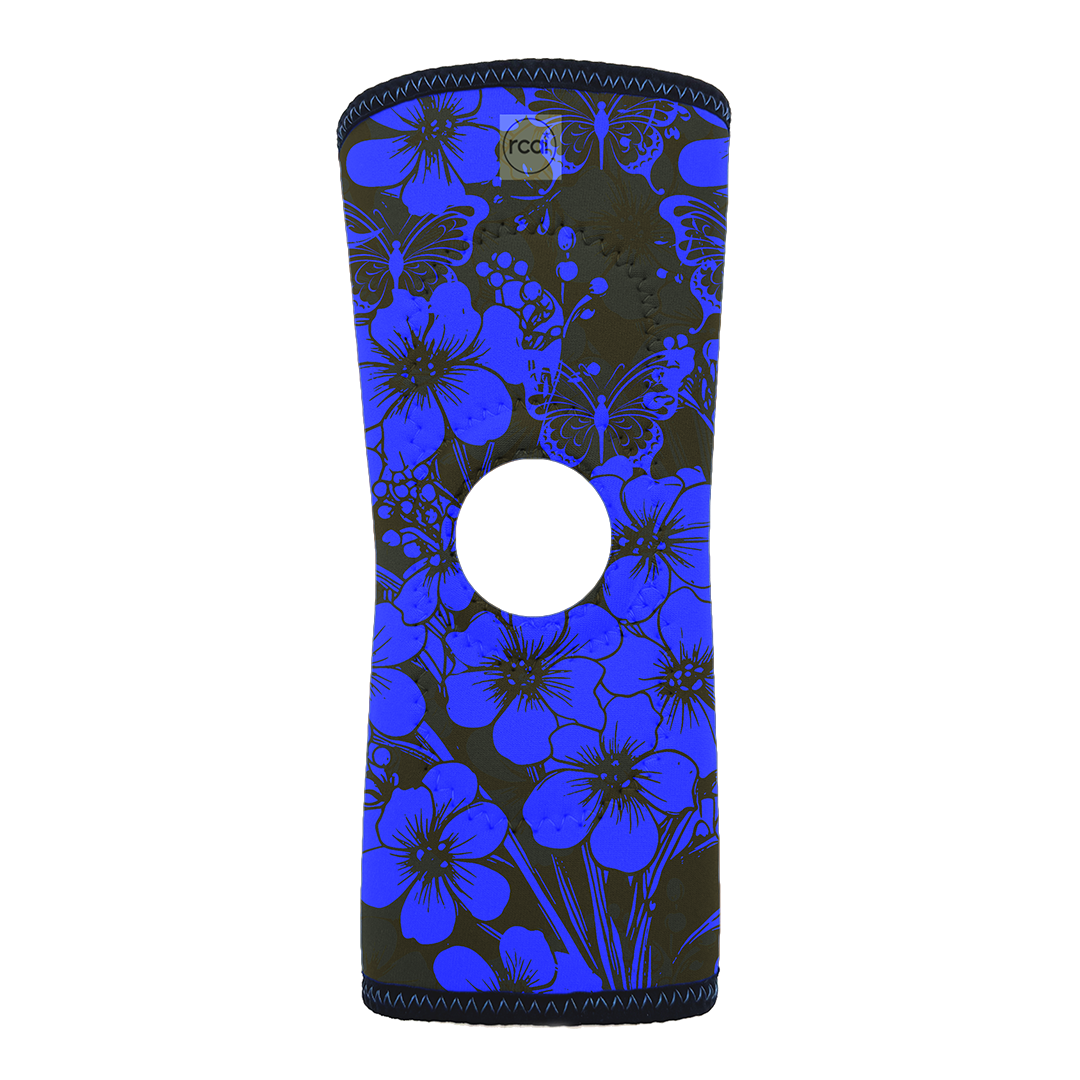 Black and blue floral RCAI reversible knee sleeve with open patella, made in the USA, best orthopedic braces for B2B.