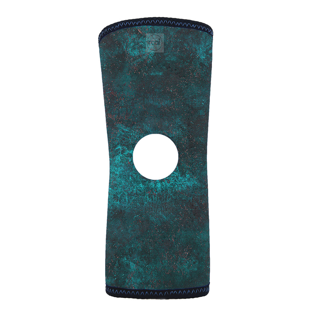Teal and black marbled RCAI knee sleeve with central open patella, made in the USA, best orthopedic brace for B2B.