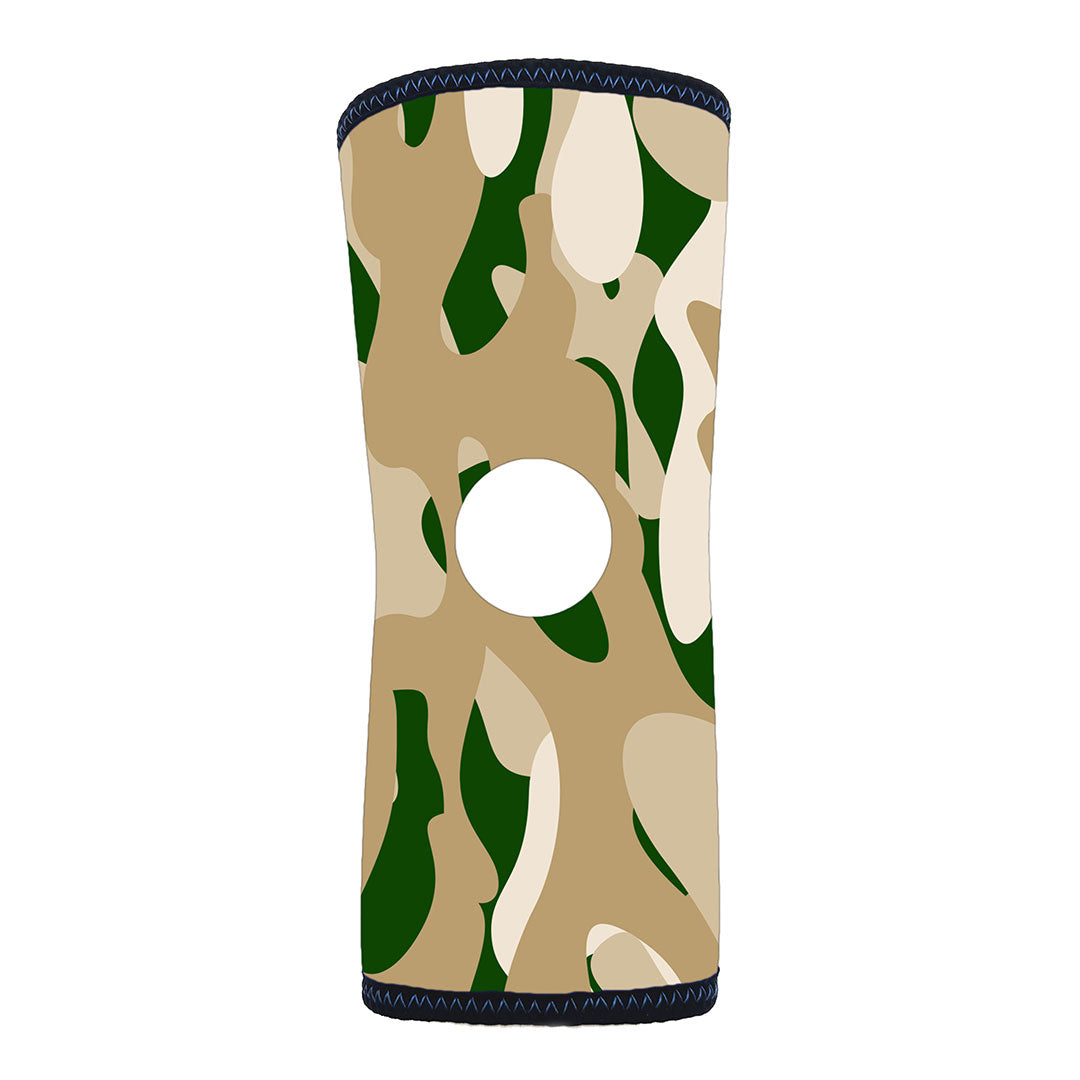 Reversible infant knee sleeve with tan, green, and cream camouflage pattern, open patella, black trim, made in the USA, RCAI .