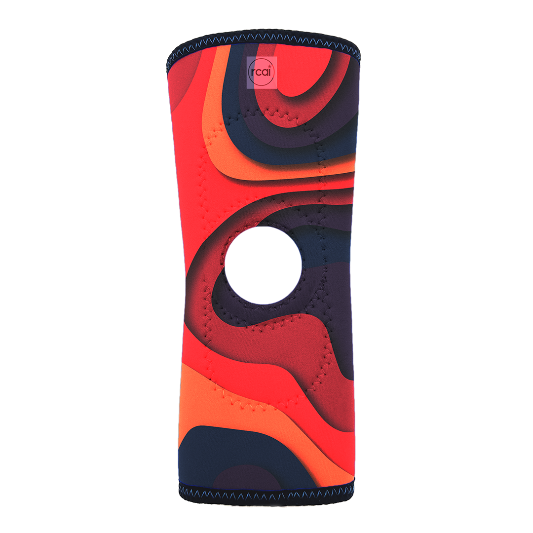 Red, orange, and black curved layered pattern RCAI knee sleeve with central open patella, made in the USA, best orthopedic.