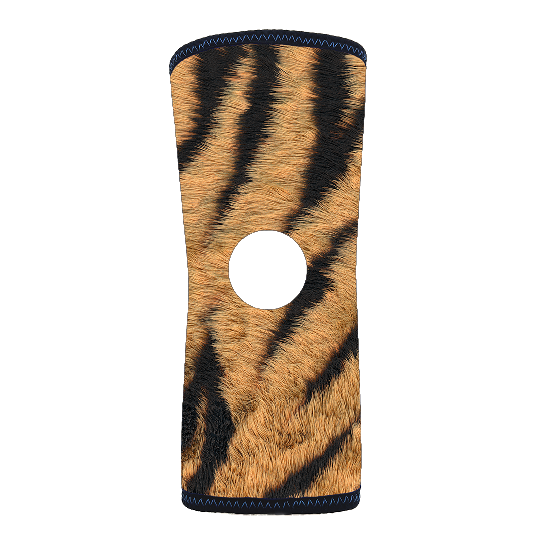 Tiger print reversible knee sleeve with center hole, black edging, RCAI made in the USA, best orthopedic braces for B2B.