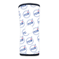 White knee sleeve with repeating blue and red RCAI logo pattern, black trim edges, designed for infants, made in the USA,.