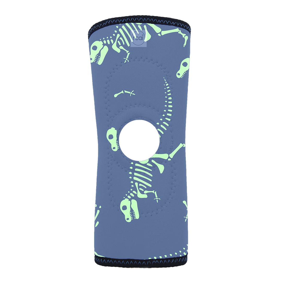 Blue infant RCAI Art reversible knee sleeve with light green dinosaur skeleton pattern, made in the USA, best orthopaedic.