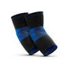 Pair of black and blue ActiveEase compression elbow braces, seamless knit design, breathable fabric, made in the USA, best.