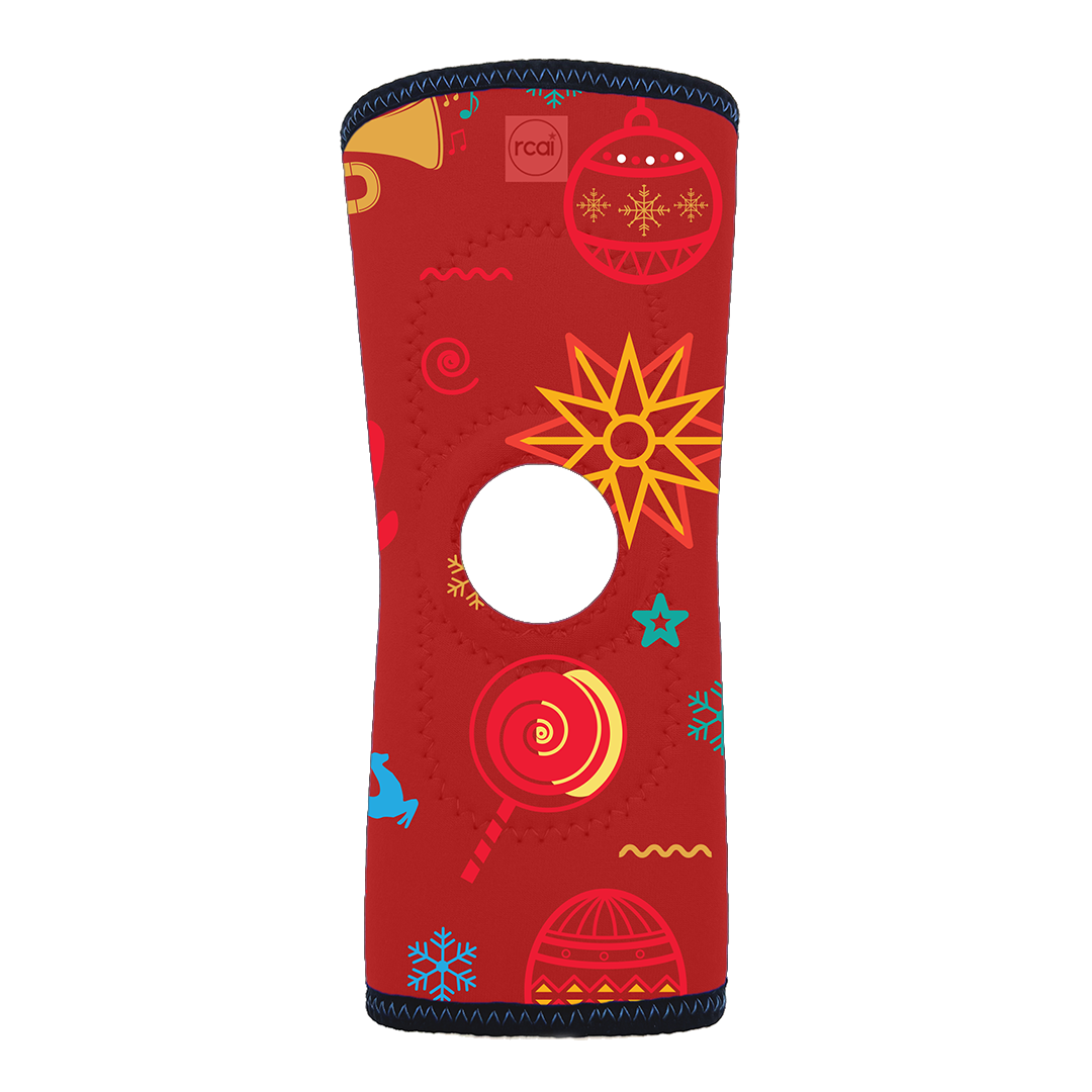 Red RCAI reversible knee sleeve with holiday-themed graphic patterns, made in the USA, best orthopedic brace for B2B.