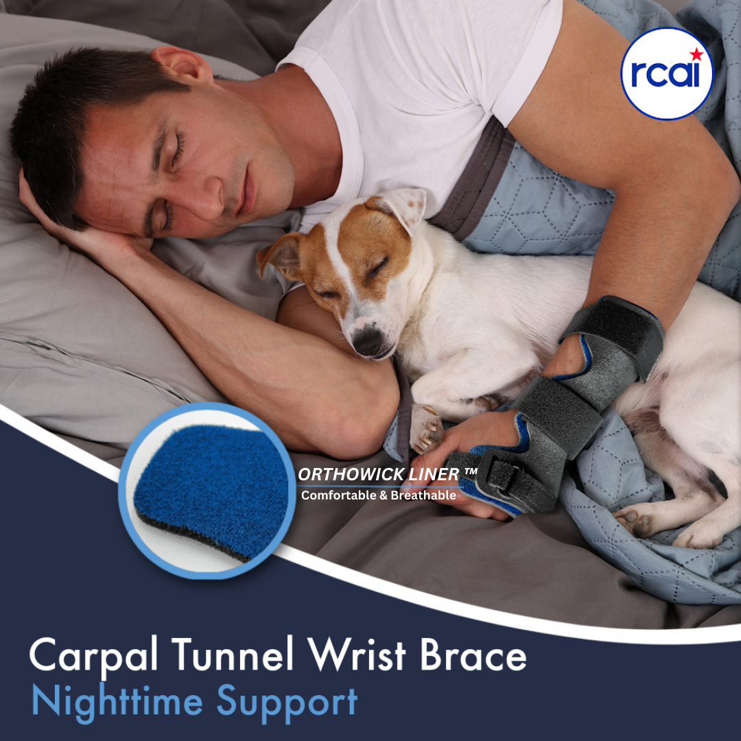 Carpal tunnel wrist brace in gray and black worn on right wrist, featuring adjustable straps and cushioned orthowick liner,.
