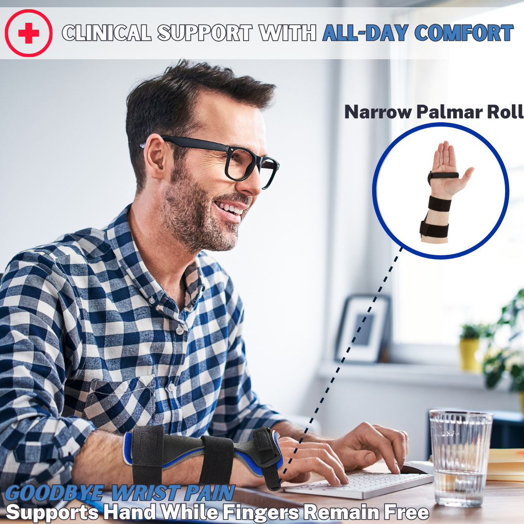 Black RCAI dorsal carpal tunnel splint on right wrist with adjustable straps, made in the USA, best orthopedic braces for.