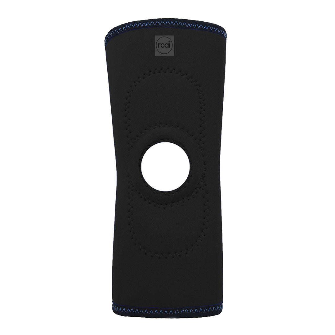 Black RCAI knee sleeve with open patella design, blue stitch accents, made in the USA, best orthopedic brace for B2B.