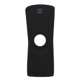 Black RCAI knee sleeve with open patella design, blue stitch accents, made in the USA, best orthopedic brace for B2B.