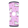 Pink neoprene knee sleeve with playful white unicorns, stars, and swirls, featuring a central circular cutout and black.