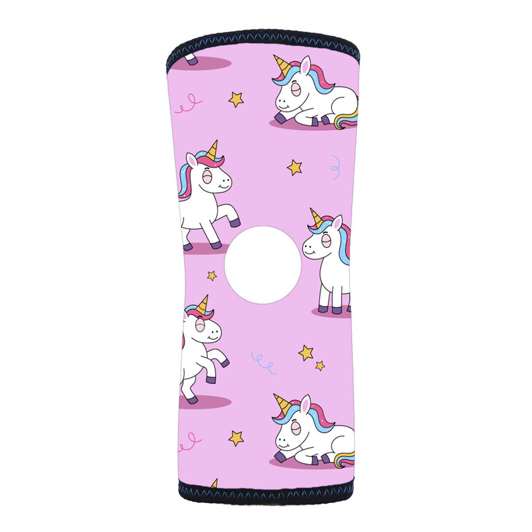 Pink reversible infant knee sleeve with playful white unicorns and stars, made in the USA, RCAI best orthopedic braces for.