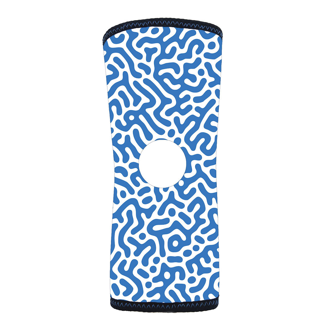 Blue and white patterned infant knee sleeve with central cutout, black trim, made in the USA, RCAI best orthopedic braces.