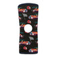 Black knee sleeve with colorful vintage racecar, checkered flags, and helmets pattern, made in the USA by RCAI, best.