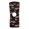 Black knee sleeve with circular cutout, decorated with colorful vintage race cars, checkered flags, and red racing helmets,.