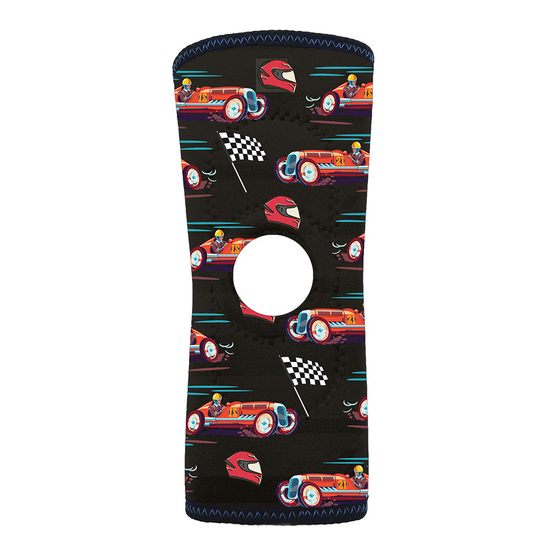 Black knee sleeve with colorful vintage racecar, checkered flags, and helmets pattern, made in the USA by RCAI, best.