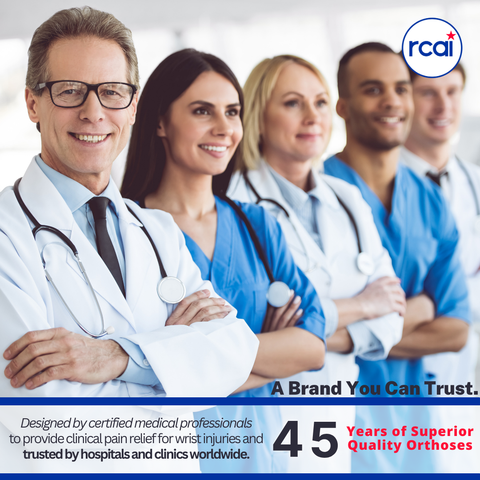 Group of diverse medical professionals standing confidently with arms crossed, promoting RCAI medical-grade wrist support,.