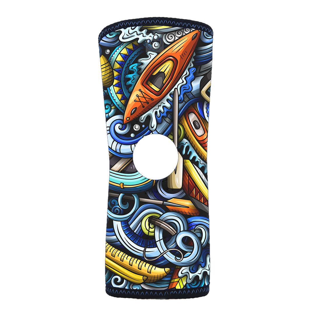 Colorful reversible infant knee sleeve with vibrant abstract rocket and swirl pattern, circular knee hole, designed by RCAI, .