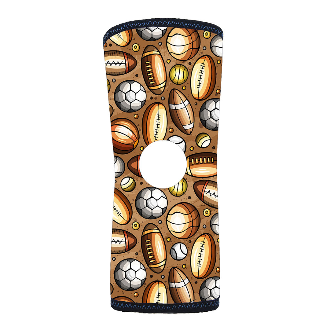 RCAI Art reversible knee sleeve with sports balls pattern in brown and orange, made in the USA, best orthopedic brace for.