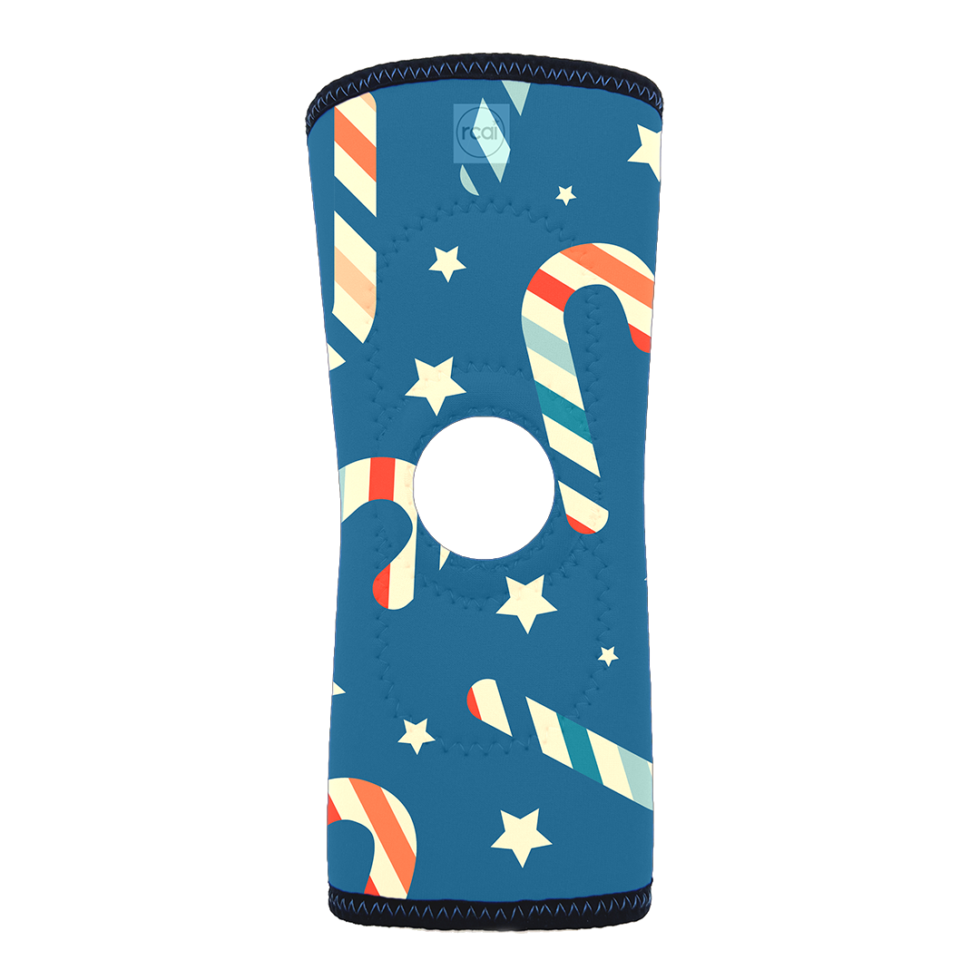 Blue knee sleeve with candy cane and star pattern, circular cutout, made in the USA, RCAI, best orthopedic braces for B2B.