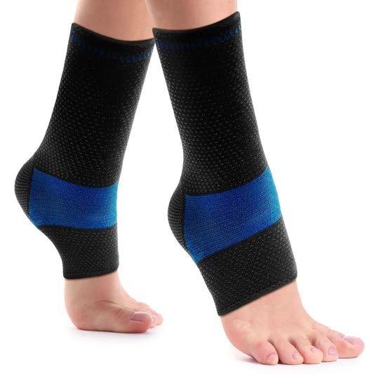 Black and blue breathable compression ankle sleeves worn on both feet, highlighting stretch and fit around ankles, promoting .