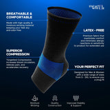Black and blue breathable ankle sleeve with targeted compression zones, labeled latex-free, moisture-wicking, and designed.