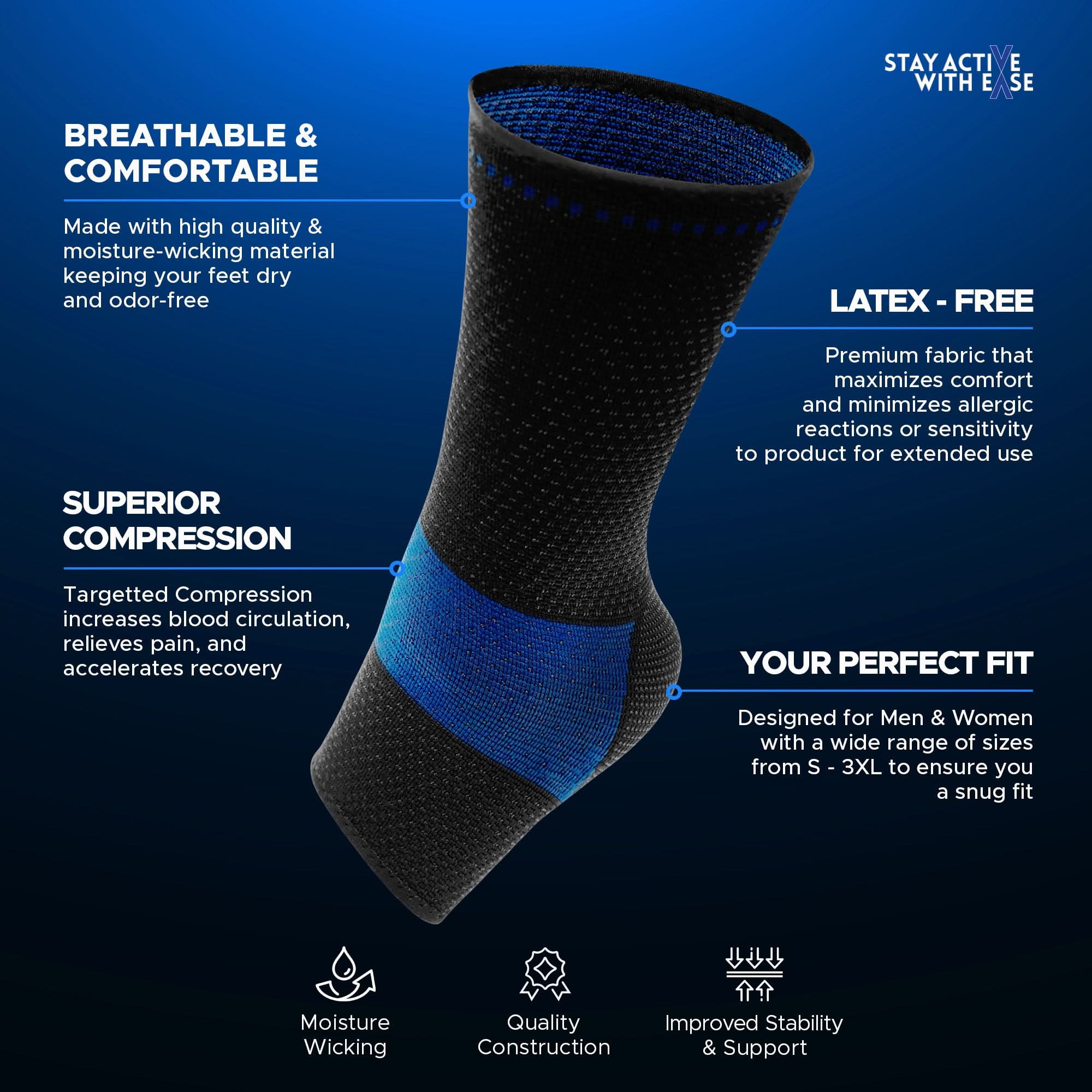 Black and blue breathable ankle sleeve with targeted compression zones, labeled latex-free, moisture-wicking, and designed.