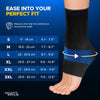 Black compression ankle sleeve with blue accent lines on a bare foot, showing measurement guide for heel circumference with.